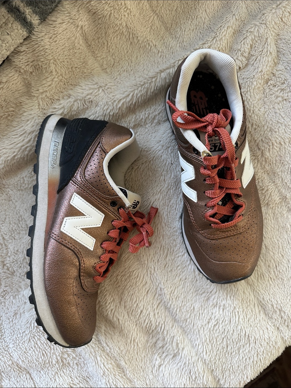New Balance Women's Bronze Metallic Sneakers with White 'N' and Rust Laces